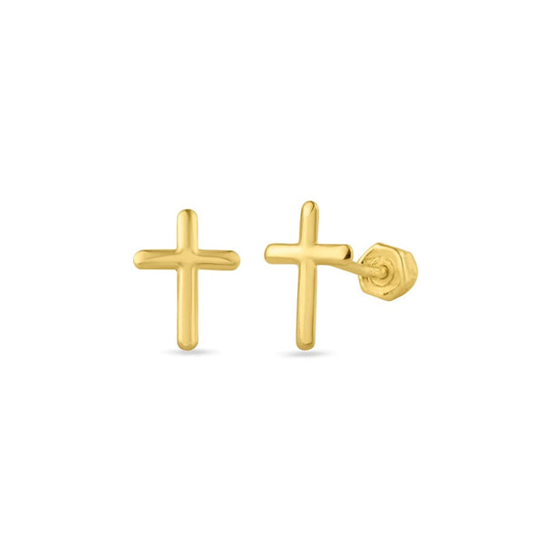 Classic Cross Stud Earrings 14K Yellow Gold with Screw Back